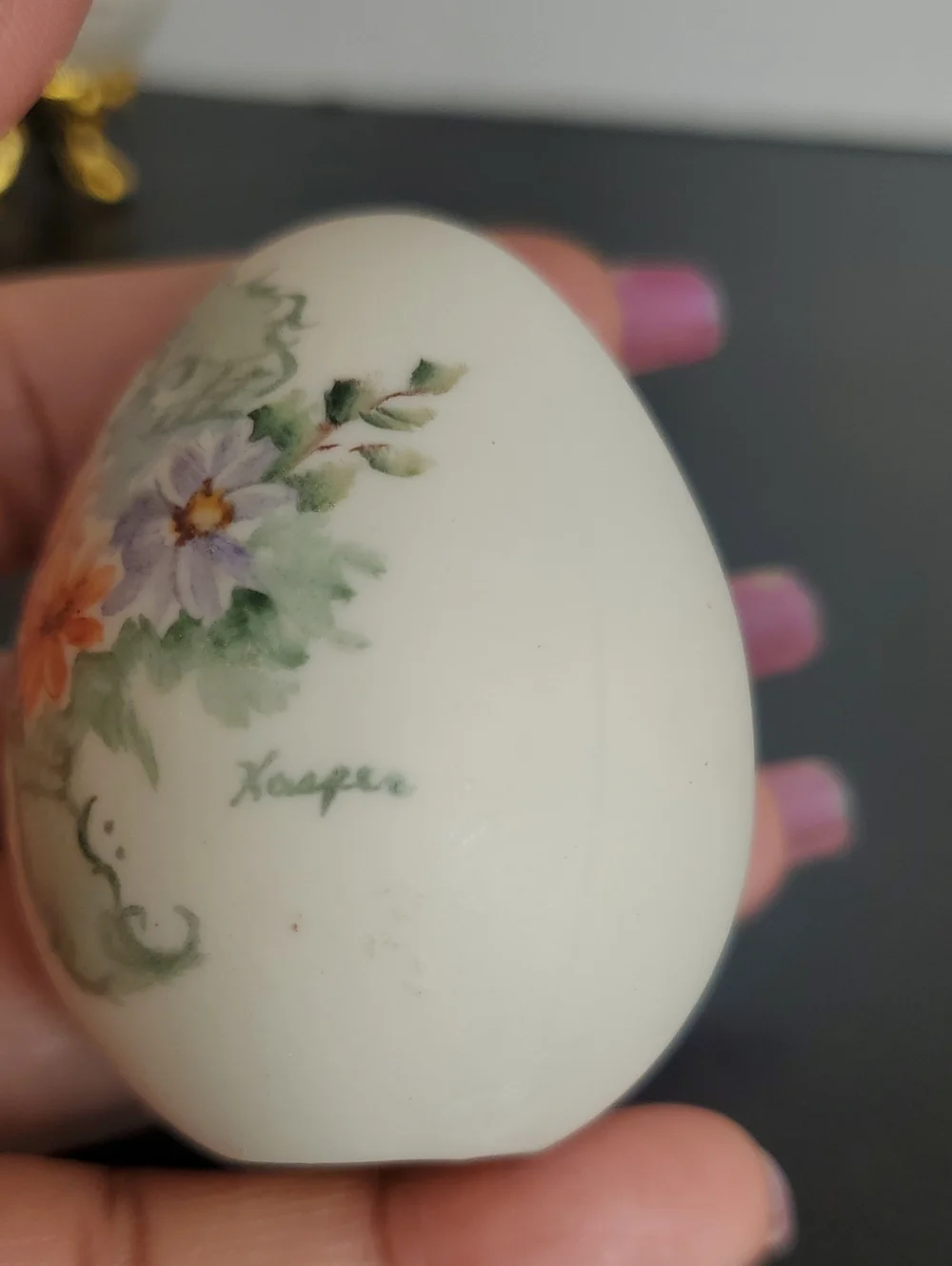Hand-Painted Floral Porcelain Egg Ornament On Gold Tone Plated Stands (Set of 2)